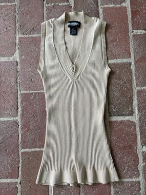 World Republic Silk Blend Sleeveless Ribbed V-Neck Tank in Neutral Beige